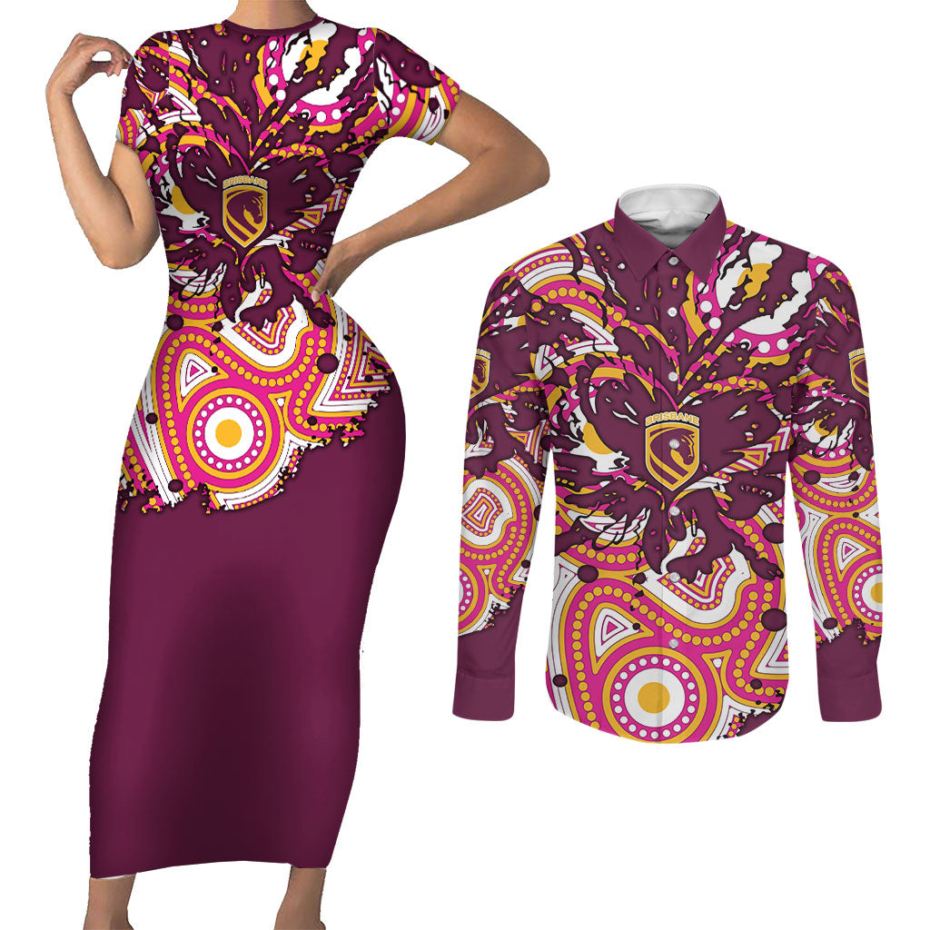 Personalised Brisbane Broncos Rugby Couples Matching Short Sleeve Bodycon Dress and Long Sleeve Button Shirt Aboriginal Art Style Pink And Gold Patterned Graphics