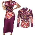 Personalised Brisbane Broncos Rugby Couples Matching Short Sleeve Bodycon Dress and Long Sleeve Button Shirt Aboriginal Art Style Pink And Gold Patterned Graphics