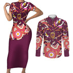 Personalised Brisbane Broncos Rugby Couples Matching Short Sleeve Bodycon Dress and Long Sleeve Button Shirt Aboriginal Art Style Pink And Gold Patterned Graphics