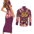 Personalised Brisbane Broncos Rugby Couples Matching Short Sleeve Bodycon Dress and Long Sleeve Button Shirt Aboriginal Art Style Pink And Gold Patterned Graphics