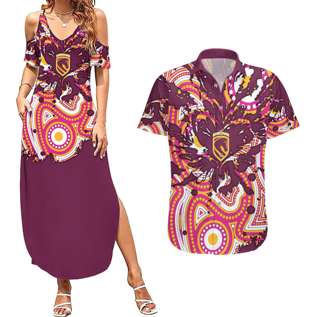 Personalised Brisbane Broncos Rugby Couples Matching Summer Maxi Dress and Hawaiian Shirt Aboriginal Art Style Pink And Gold Patterned Graphics
