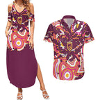 Personalised Brisbane Broncos Rugby Couples Matching Summer Maxi Dress and Hawaiian Shirt Aboriginal Art Style Pink And Gold Patterned Graphics