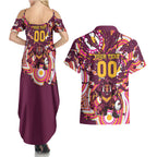 Personalised Brisbane Broncos Rugby Couples Matching Summer Maxi Dress and Hawaiian Shirt Aboriginal Art Style Pink And Gold Patterned Graphics