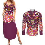Personalised Brisbane Broncos Rugby Couples Matching Summer Maxi Dress and Long Sleeve Button Shirt Aboriginal Art Style Pink And Gold Patterned Graphics