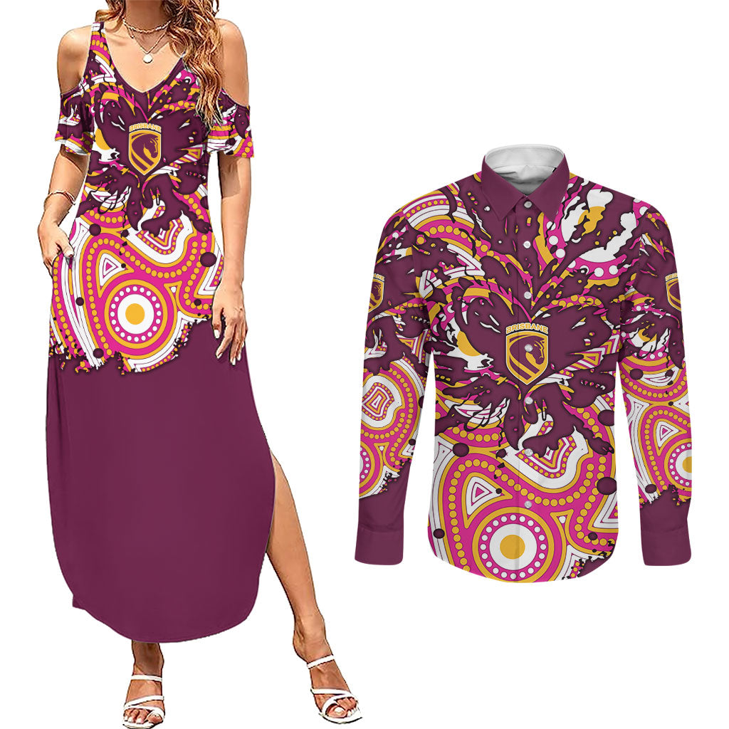 Personalised Brisbane Broncos Rugby Couples Matching Summer Maxi Dress and Long Sleeve Button Shirt Aboriginal Art Style Pink And Gold Patterned Graphics