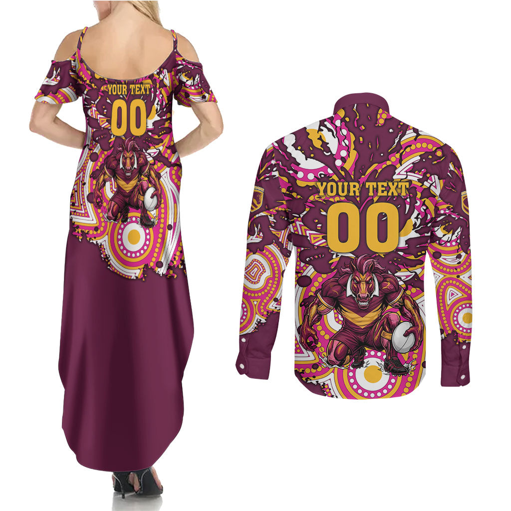 Personalised Brisbane Broncos Rugby Couples Matching Summer Maxi Dress and Long Sleeve Button Shirt Aboriginal Art Style Pink And Gold Patterned Graphics