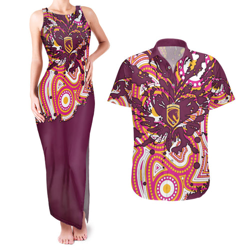 Personalised Brisbane Broncos Rugby Couples Matching Tank Maxi Dress and Hawaiian Shirt Aboriginal Art Style Pink And Gold Patterned Graphics