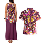 Personalised Brisbane Broncos Rugby Couples Matching Tank Maxi Dress and Hawaiian Shirt Aboriginal Art Style Pink And Gold Patterned Graphics