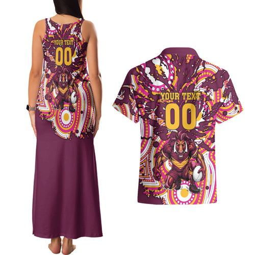 Personalised Brisbane Broncos Rugby Couples Matching Tank Maxi Dress and Hawaiian Shirt Aboriginal Art Style Pink And Gold Patterned Graphics