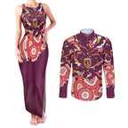 Personalised Brisbane Broncos Rugby Couples Matching Tank Maxi Dress and Long Sleeve Button Shirt Aboriginal Art Style Pink And Gold Patterned Graphics