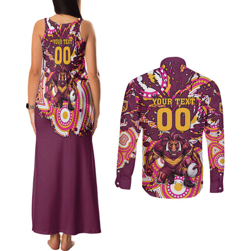 Personalised Brisbane Broncos Rugby Couples Matching Tank Maxi Dress and Long Sleeve Button Shirt Aboriginal Art Style Pink And Gold Patterned Graphics