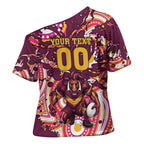 Personalised Brisbane Broncos Rugby Cross Shoulder Shirt Aboriginal Art Style Pink And Gold Patterned Graphics