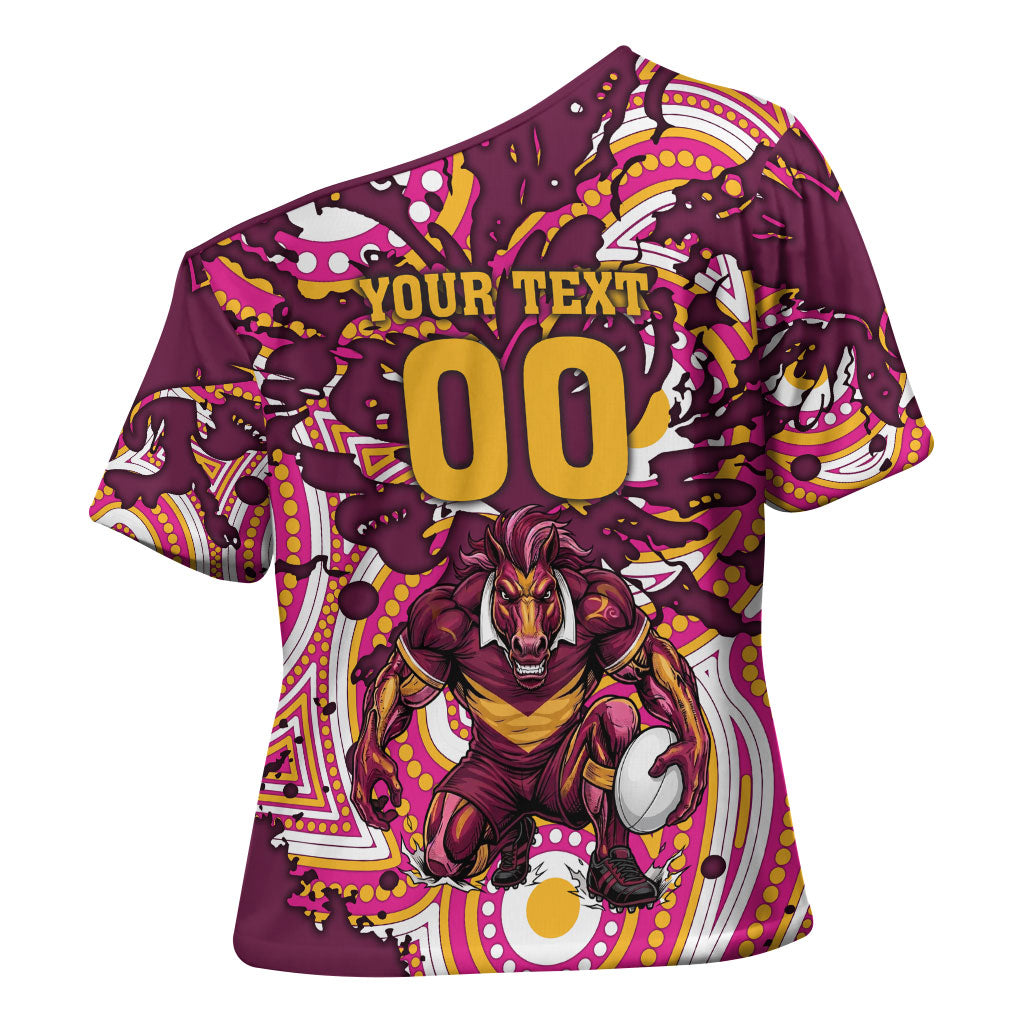 Personalised Brisbane Broncos Rugby Cross Shoulder Shirt Aboriginal Art Style Pink And Gold Patterned Graphics