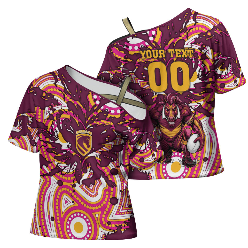 Personalised Brisbane Broncos Rugby Cross Shoulder Shirt Aboriginal Art Style Pink And Gold Patterned Graphics