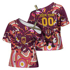 Personalised Brisbane Broncos Rugby Cross Shoulder Shirt Aboriginal Art Style Pink And Gold Patterned Graphics