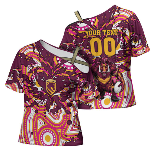Personalised Brisbane Broncos Rugby Cross Shoulder Shirt Aboriginal Art Style Pink And Gold Patterned Graphics