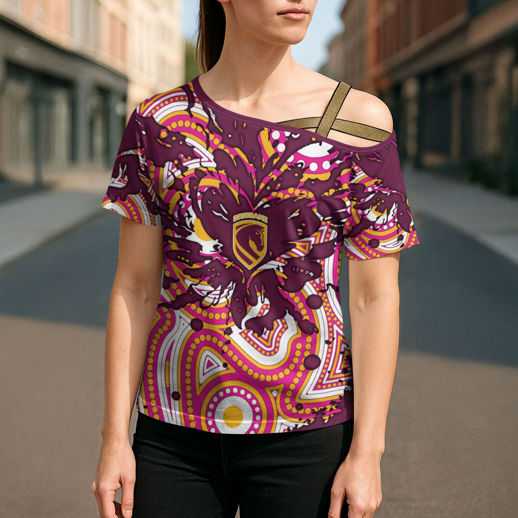 Personalised Brisbane Broncos Rugby Cross Shoulder Shirt Aboriginal Art Style Pink And Gold Patterned Graphics