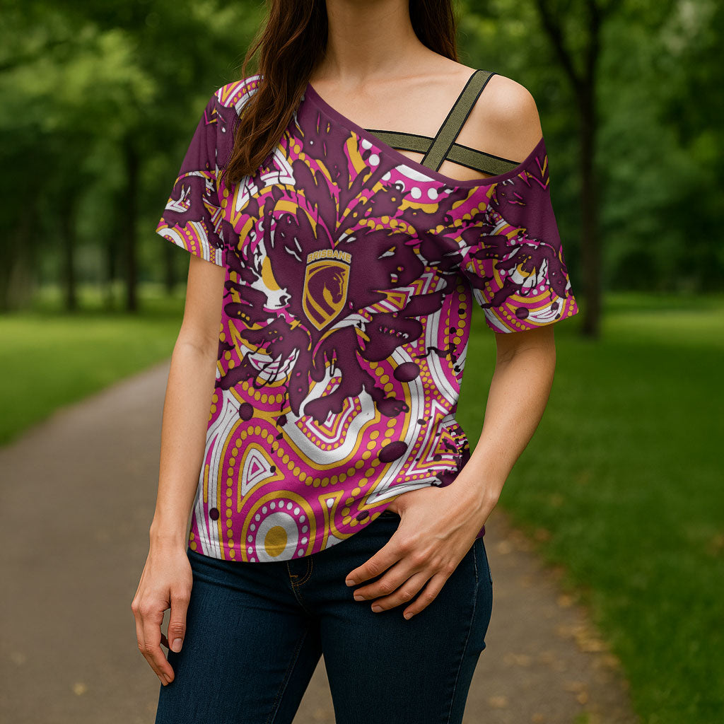Personalised Brisbane Broncos Rugby Cross Shoulder Shirt Aboriginal Art Style Pink And Gold Patterned Graphics
