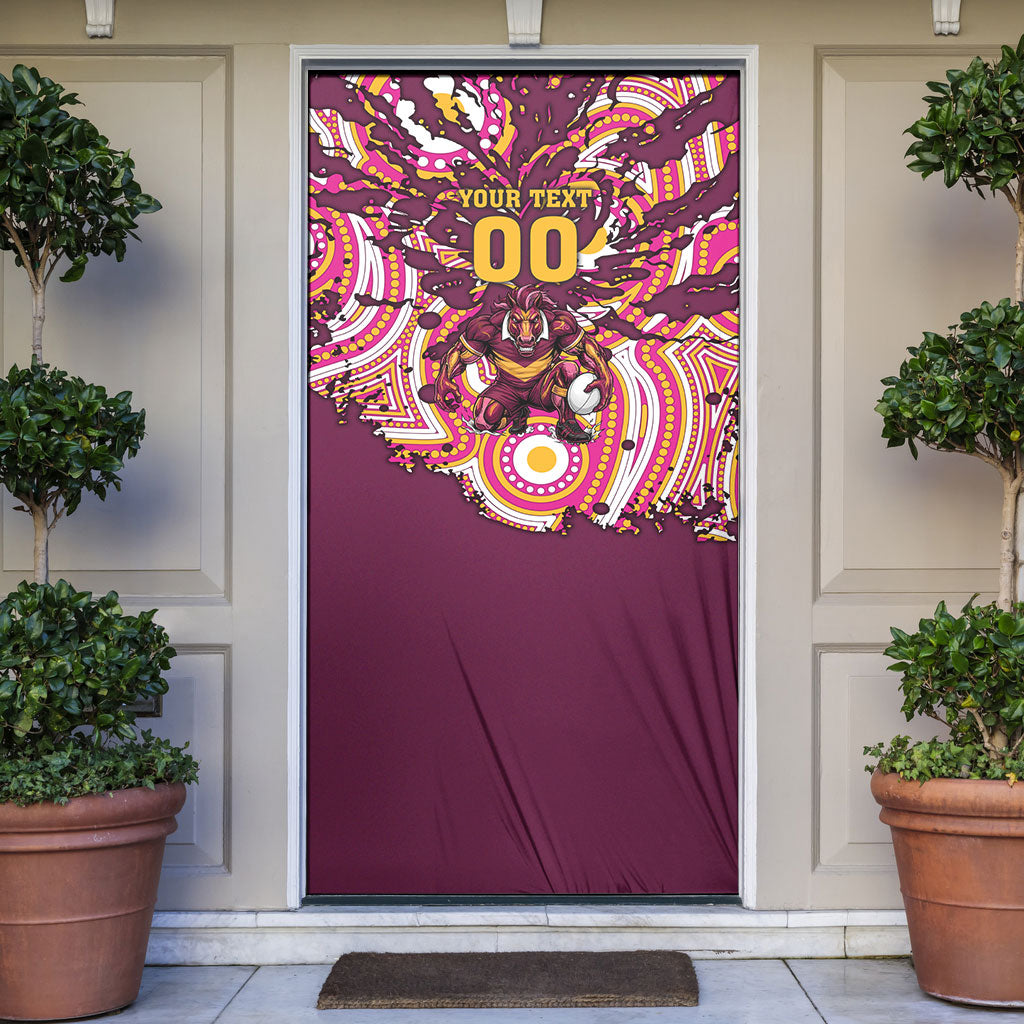 Personalised Brisbane Broncos Rugby Door Cover Aboriginal Art Style Pink And Gold Patterned Graphics