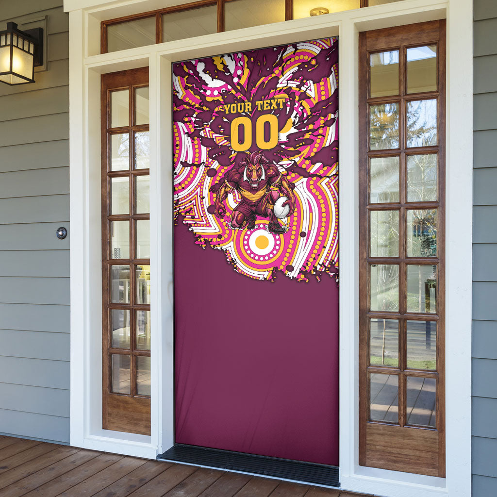 Personalised Brisbane Broncos Rugby Door Cover Aboriginal Art Style Pink And Gold Patterned Graphics