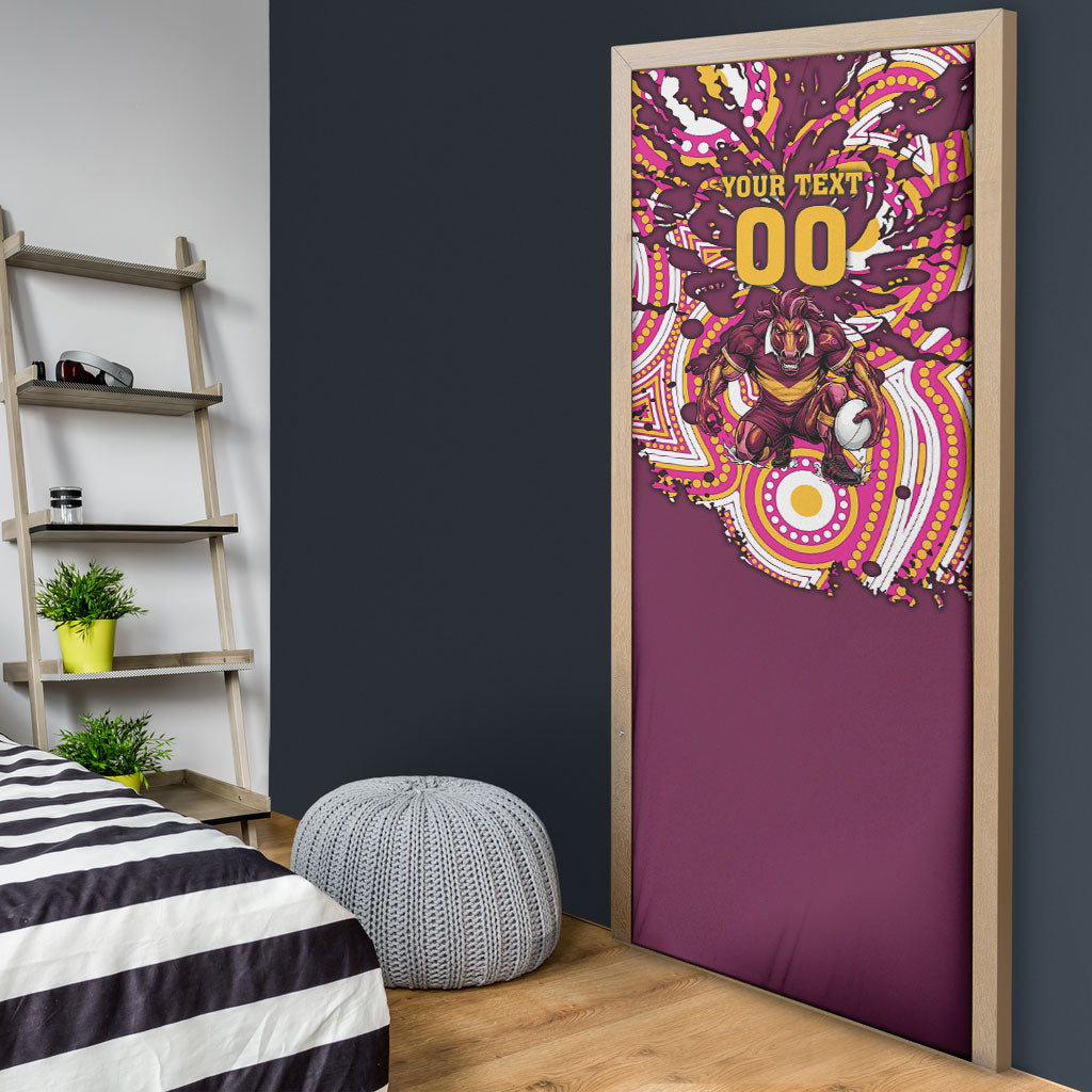 Personalised Brisbane Broncos Rugby Door Cover Aboriginal Art Style Pink And Gold Patterned Graphics