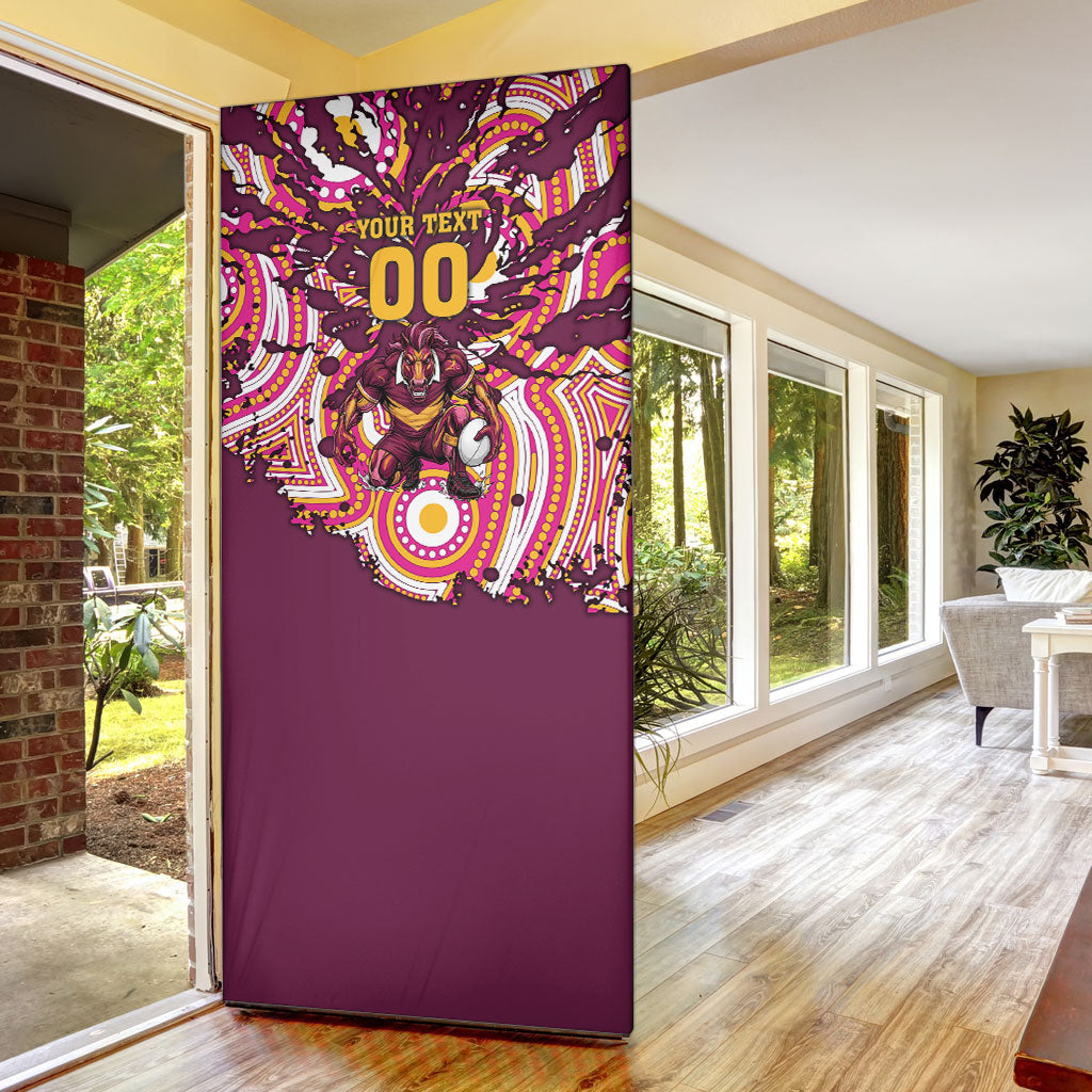 Personalised Brisbane Broncos Rugby Door Cover Aboriginal Art Style Pink And Gold Patterned Graphics