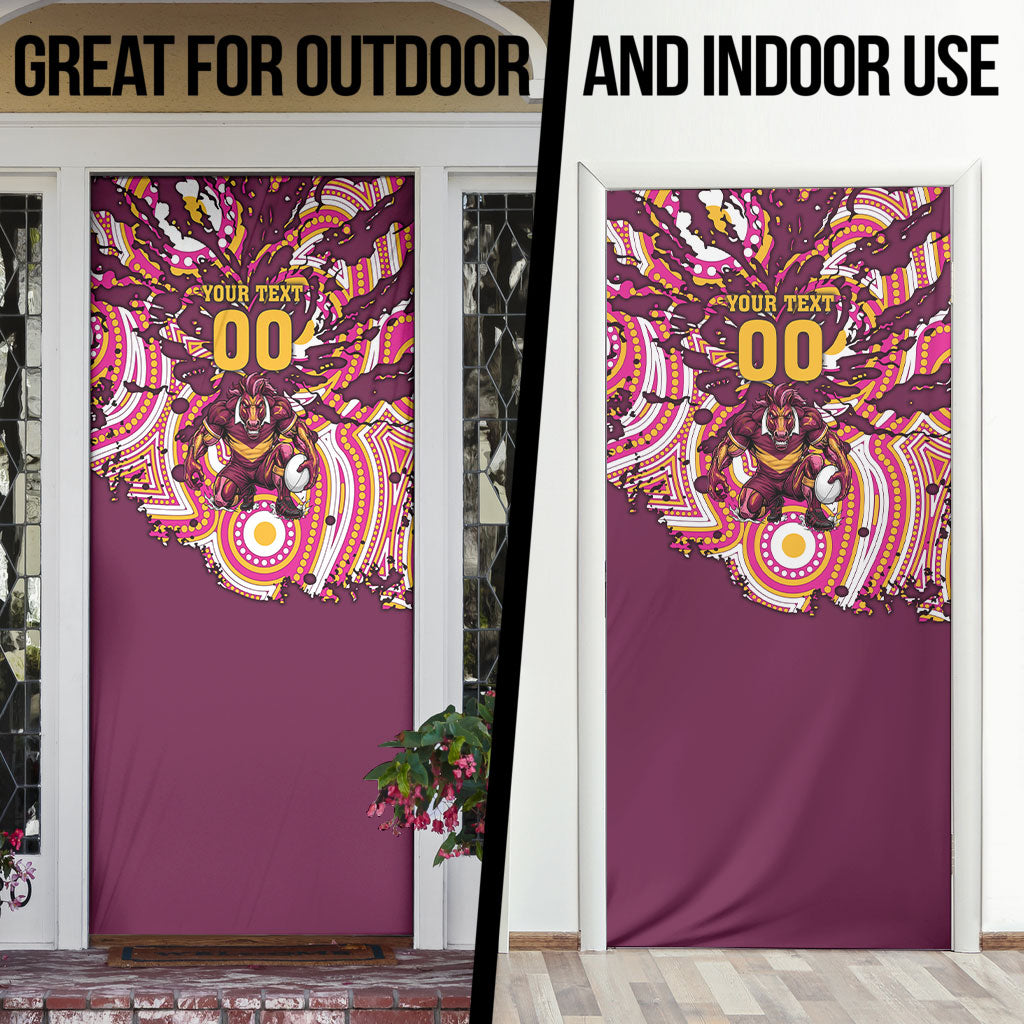 Personalised Brisbane Broncos Rugby Door Cover Aboriginal Art Style Pink And Gold Patterned Graphics