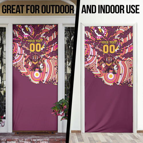 Personalised Brisbane Broncos Rugby Door Cover Aboriginal Art Style Pink And Gold Patterned Graphics