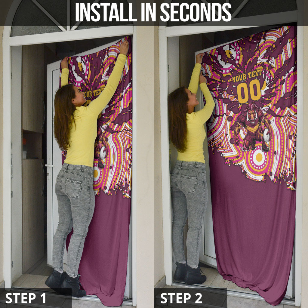Personalised Brisbane Broncos Rugby Door Cover Aboriginal Art Style Pink And Gold Patterned Graphics