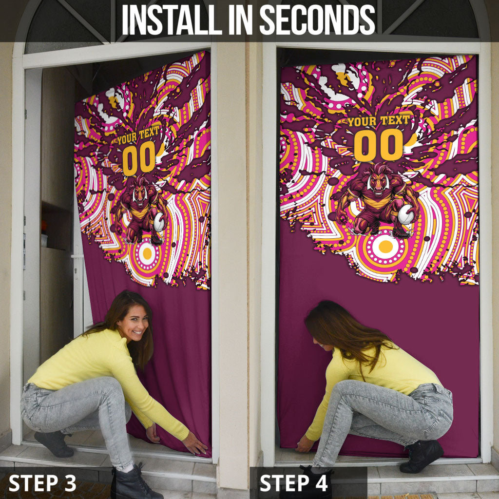 Personalised Brisbane Broncos Rugby Door Cover Aboriginal Art Style Pink And Gold Patterned Graphics