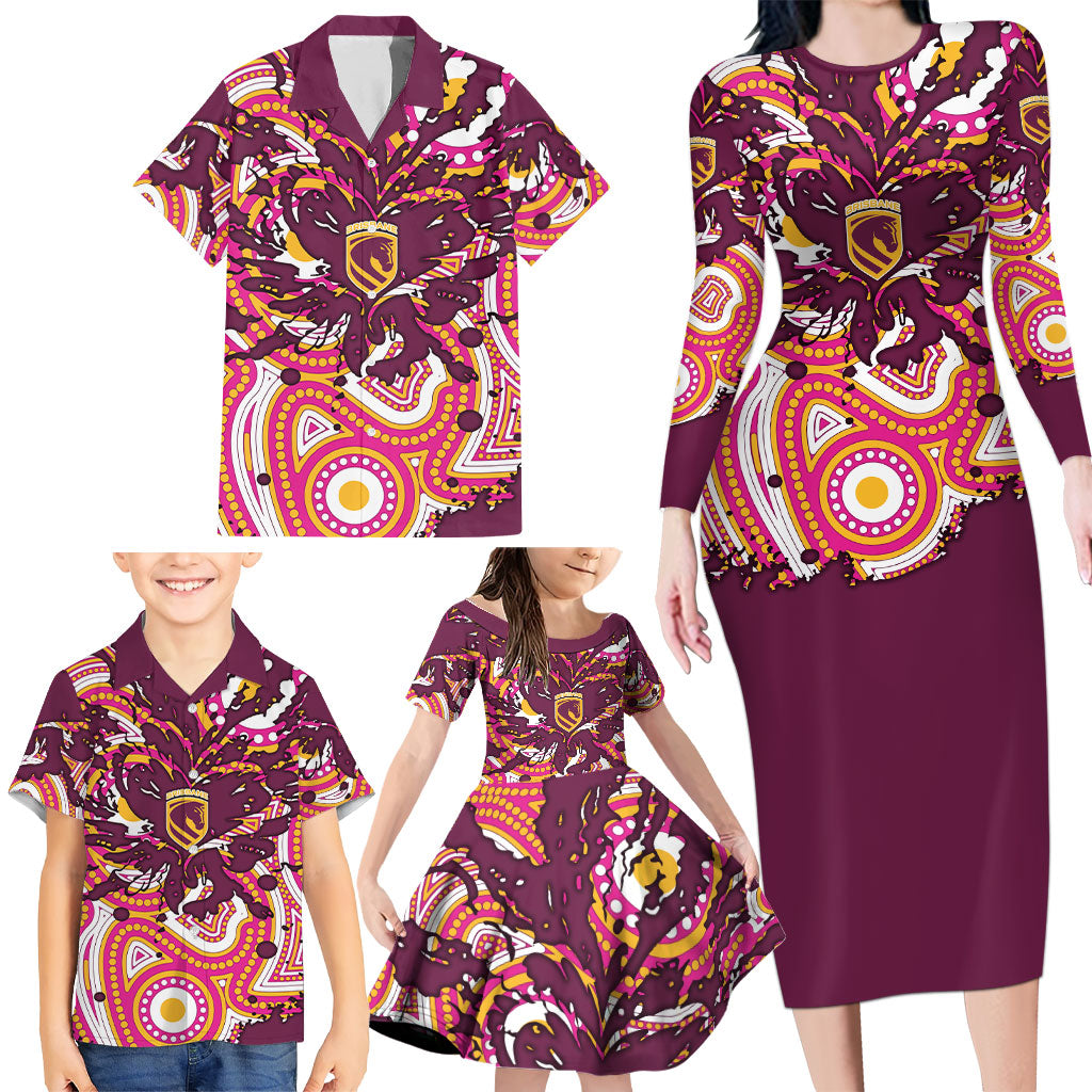 Personalised Brisbane Broncos Rugby Family Matching Long Sleeve Bodycon Dress and Hawaiian Shirt Aboriginal Art Style Pink And Gold Patterned Graphics