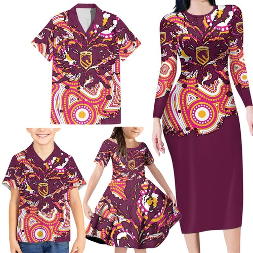 Personalised Brisbane Broncos Rugby Family Matching Long Sleeve Bodycon Dress and Hawaiian Shirt Aboriginal Art Style Pink And Gold Patterned Graphics