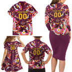 Personalised Brisbane Broncos Rugby Family Matching Long Sleeve Bodycon Dress and Hawaiian Shirt Aboriginal Art Style Pink And Gold Patterned Graphics