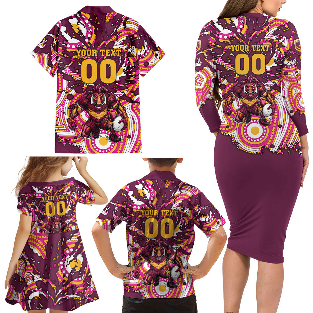 Personalised Brisbane Broncos Rugby Family Matching Long Sleeve Bodycon Dress and Hawaiian Shirt Aboriginal Art Style Pink And Gold Patterned Graphics
