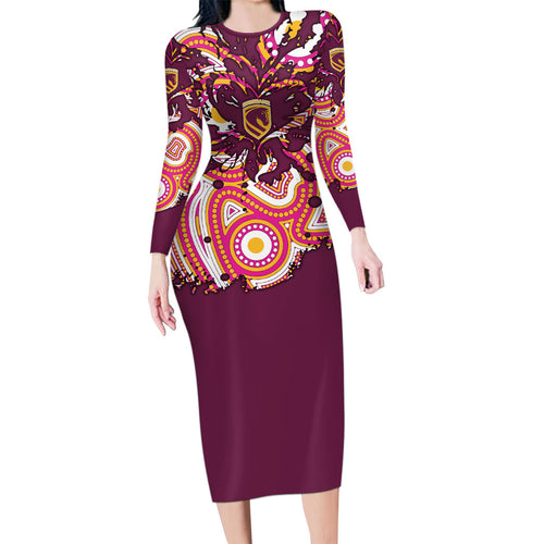 Personalised Brisbane Broncos Rugby Family Matching Long Sleeve Bodycon Dress and Hawaiian Shirt Aboriginal Art Style Pink And Gold Patterned Graphics