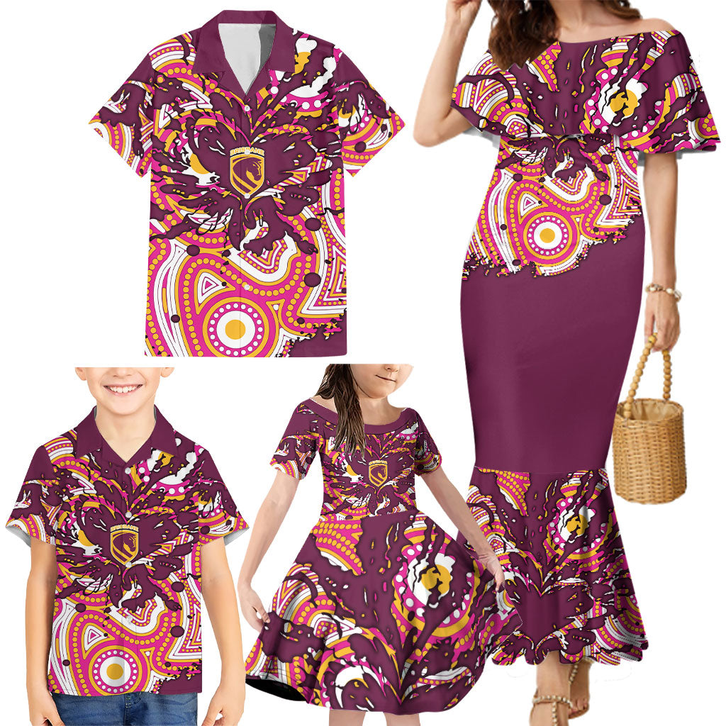 Personalised Brisbane Broncos Rugby Family Matching Mermaid Dress and Hawaiian Shirt Aboriginal Art Style Pink And Gold Patterned Graphics