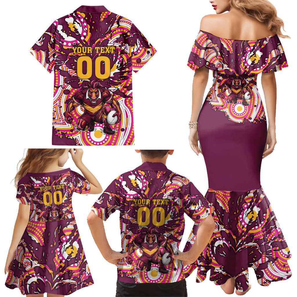Personalised Brisbane Broncos Rugby Family Matching Mermaid Dress and Hawaiian Shirt Aboriginal Art Style Pink And Gold Patterned Graphics