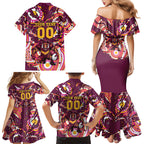 Personalised Brisbane Broncos Rugby Family Matching Mermaid Dress and Hawaiian Shirt Aboriginal Art Style Pink And Gold Patterned Graphics
