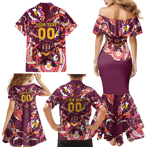 Personalised Brisbane Broncos Rugby Family Matching Mermaid Dress and Hawaiian Shirt Aboriginal Art Style Pink And Gold Patterned Graphics