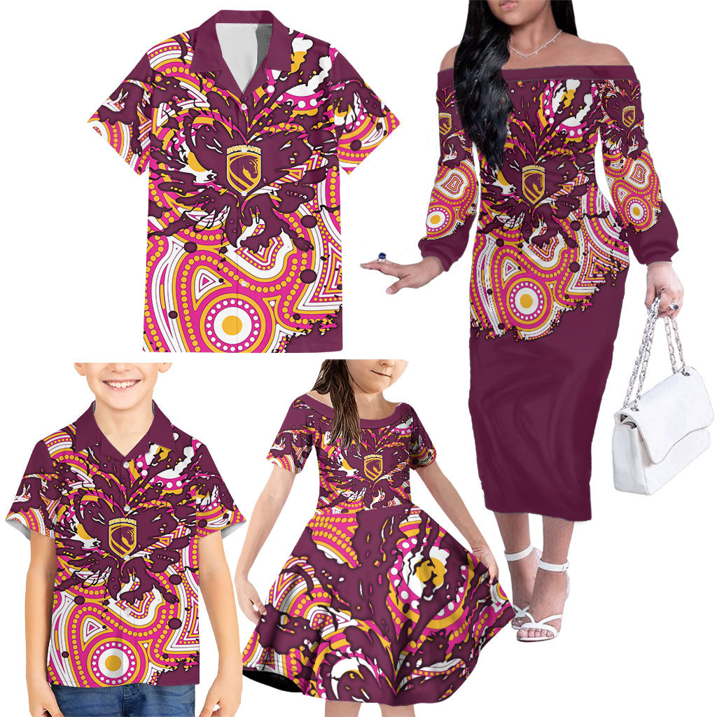 Personalised Brisbane Broncos Rugby Family Matching Off The Shoulder Long Sleeve Dress and Hawaiian Shirt Aboriginal Art Style Pink And Gold Patterned Graphics