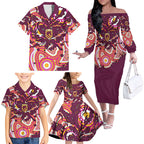 Personalised Brisbane Broncos Rugby Family Matching Off The Shoulder Long Sleeve Dress and Hawaiian Shirt Aboriginal Art Style Pink And Gold Patterned Graphics