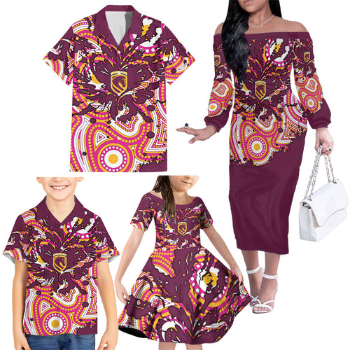 Personalised Brisbane Broncos Rugby Family Matching Off The Shoulder Long Sleeve Dress and Hawaiian Shirt Aboriginal Art Style Pink And Gold Patterned Graphics