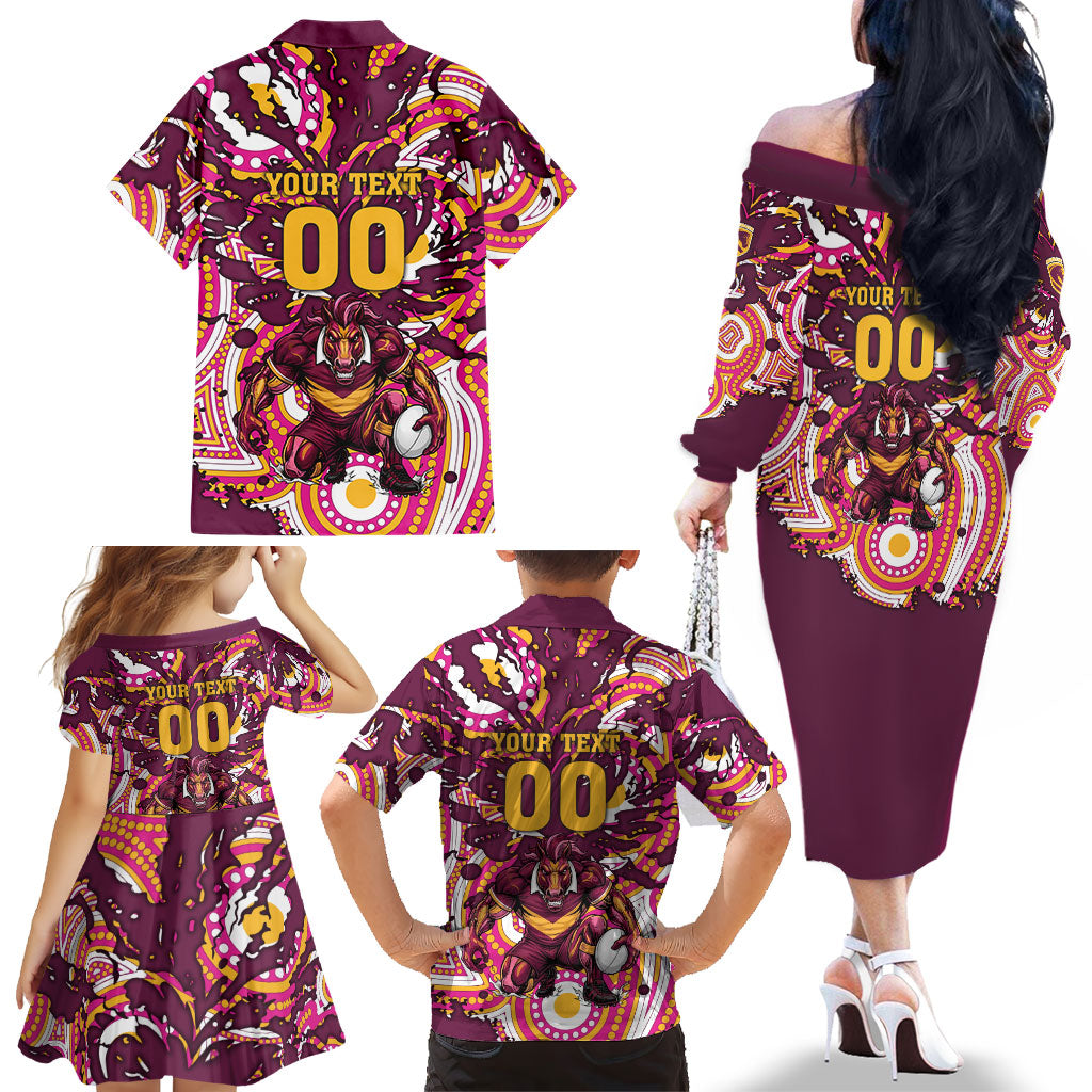 Personalised Brisbane Broncos Rugby Family Matching Off The Shoulder Long Sleeve Dress and Hawaiian Shirt Aboriginal Art Style Pink And Gold Patterned Graphics