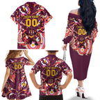 Personalised Brisbane Broncos Rugby Family Matching Off The Shoulder Long Sleeve Dress and Hawaiian Shirt Aboriginal Art Style Pink And Gold Patterned Graphics