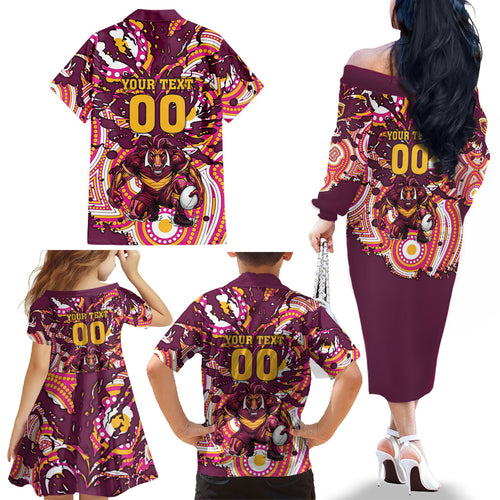 Personalised Brisbane Broncos Rugby Family Matching Off The Shoulder Long Sleeve Dress and Hawaiian Shirt Aboriginal Art Style Pink And Gold Patterned Graphics