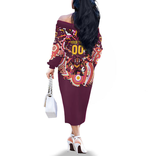 Personalised Brisbane Broncos Rugby Family Matching Off The Shoulder Long Sleeve Dress and Hawaiian Shirt Aboriginal Art Style Pink And Gold Patterned Graphics