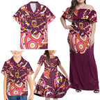 Personalised Brisbane Broncos Rugby Family Matching Off Shoulder Maxi Dress and Hawaiian Shirt Aboriginal Art Style Pink And Gold Patterned Graphics