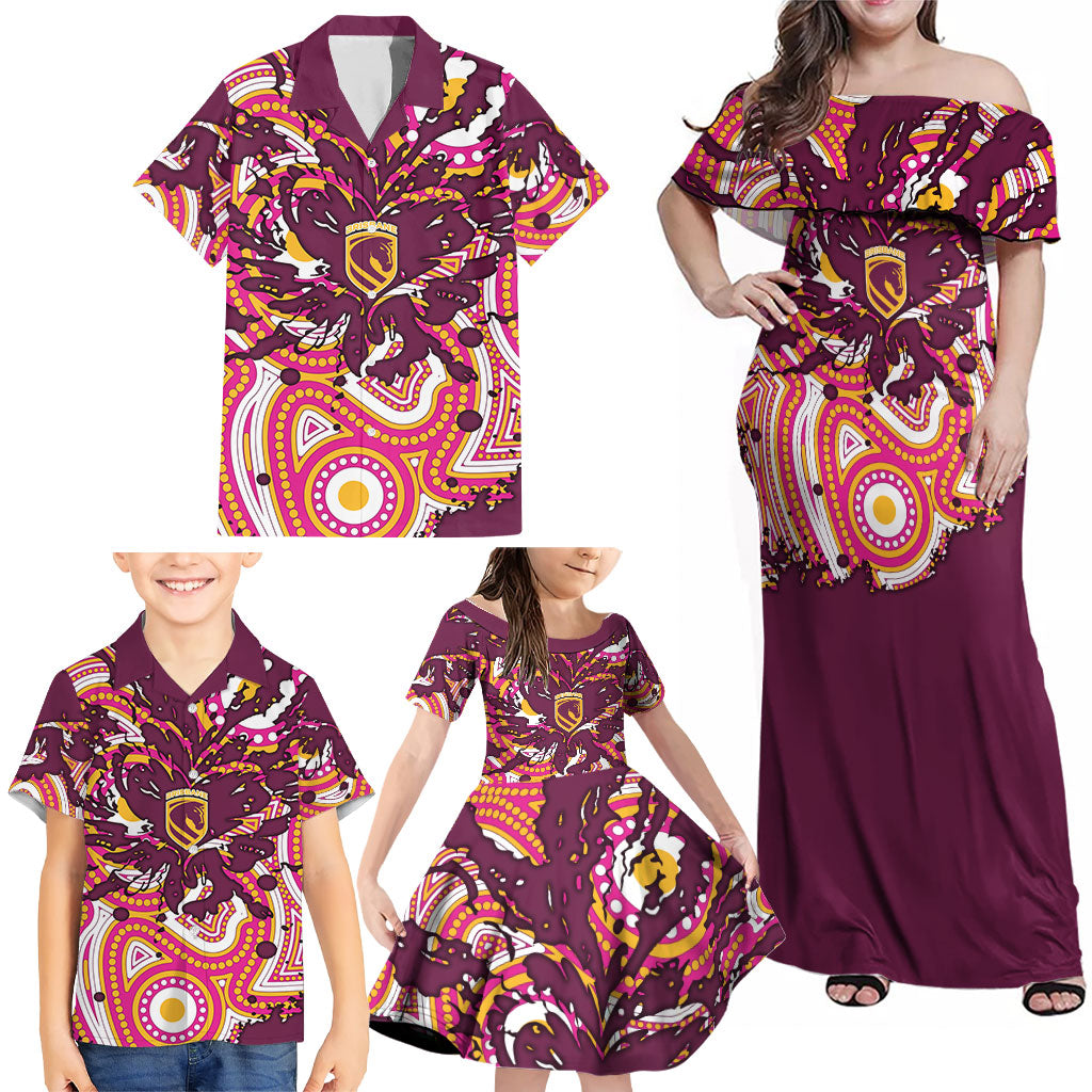 Personalised Brisbane Broncos Rugby Family Matching Off Shoulder Maxi Dress and Hawaiian Shirt Aboriginal Art Style Pink And Gold Patterned Graphics