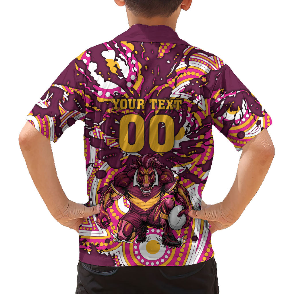 Personalised Brisbane Broncos Rugby Family Matching Off Shoulder Maxi Dress and Hawaiian Shirt Aboriginal Art Style Pink And Gold Patterned Graphics