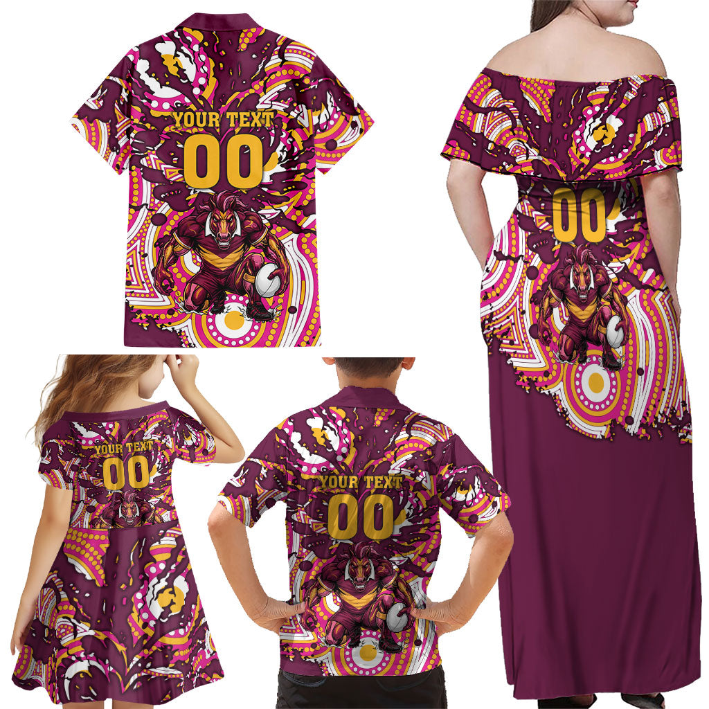 Personalised Brisbane Broncos Rugby Family Matching Off Shoulder Maxi Dress and Hawaiian Shirt Aboriginal Art Style Pink And Gold Patterned Graphics
